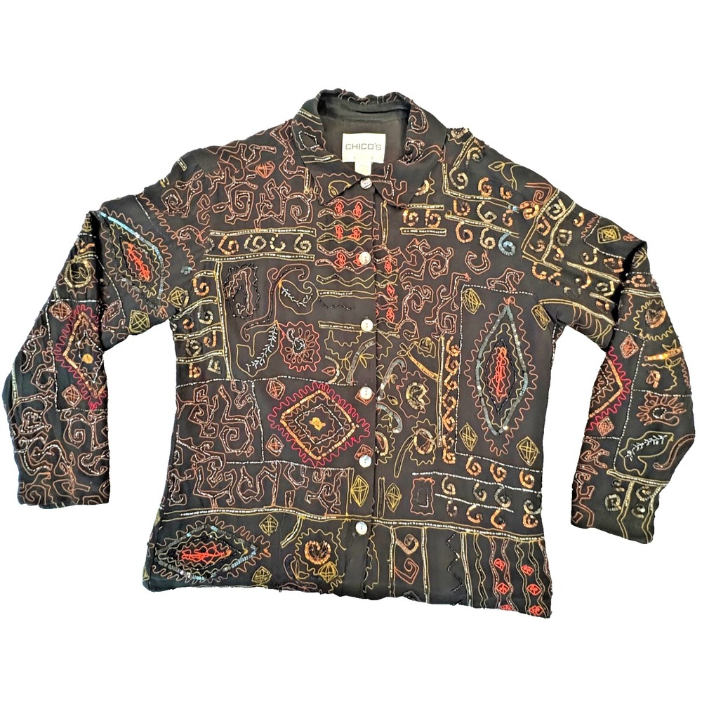 Chico's Embroidered Beaded Jacket Size 2 (12) Black Rayon Boho Art Jacket Party